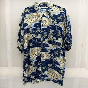Vintage Utility Mens XL Hawaiian Camp Shirt Beach Scene Palm Trees Family Picnic